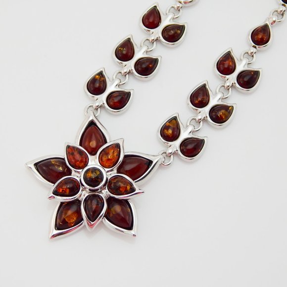 Handmade Jewelry - Natural Baltic Amber Floral Statement Necklace in 925 S. Silver